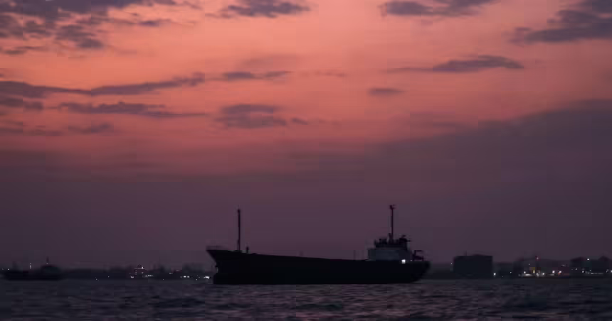 File photo: A cargo ship sails near a shoreline at dusk.